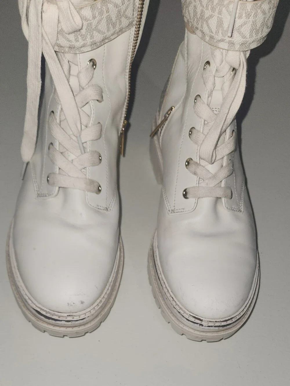 Michael Kors White MK Monogram Combat Boots Size 8.5